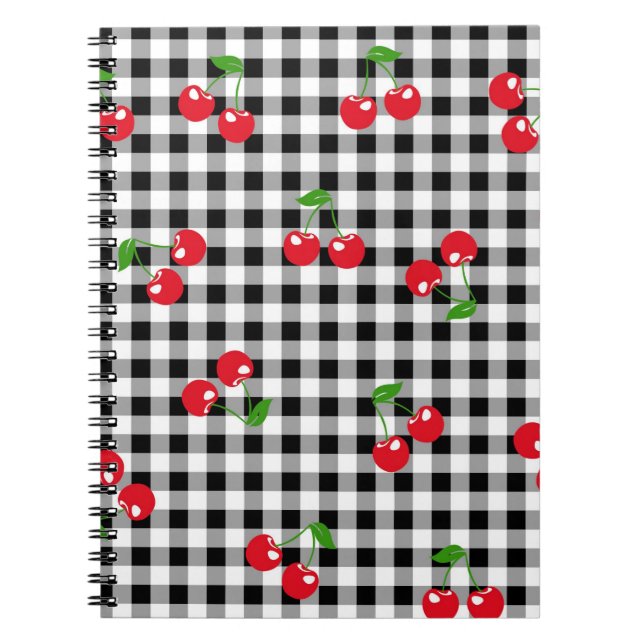 Retro Chic Cute Red Cherry Black White Gingham Notebook (Front)