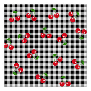 Retro Chic Cute Red Cherry Black White Gingham  Poster
