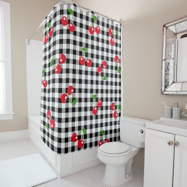 Retro Chic Cute Red Cherry Black & White Gingham  Shower Curtain (In Situ)