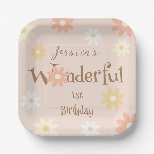 Retro Chic Daisy Flowers Cute Onederful Birthday Paper Plate (Front)