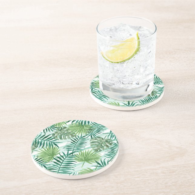 Retro Chic Green Palm Leaves Watercolor Art Coaster (Side)
