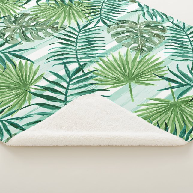 Retro Chic Green Palm Leaves Watercolor Art Sherpa Blanket (3/4)