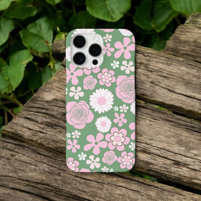 Retro Chic Green & Pink Floral Pattern Whimsical  Case-Mate iPhone Case (Creator Uploaded)