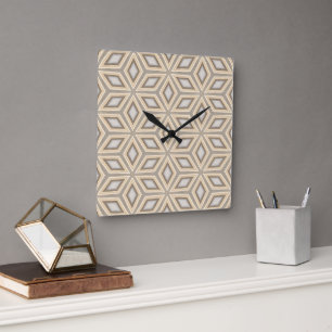 Retro Chic Grey Beige Taupe Brown Mandala Pattern Square Wall Clock