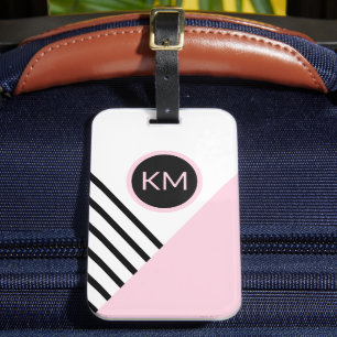 Retro Chic Pink and Black Geometric with Monogram Luggage Tag