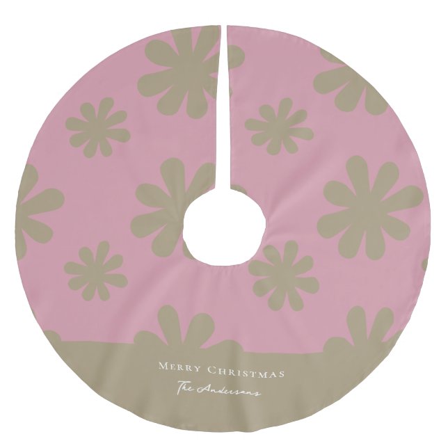 Retro Chic Pink and Gold Floral Merry Christmas  Brushed Polyester Tree Skirt (Front)