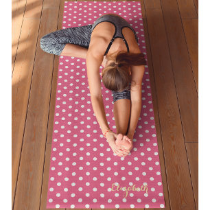 Retro Chic Pink White Polka Dots Monogram Exercise Yoga Mat