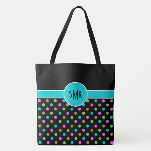 Retro Chic Polka Dots Large Monogrammed Tote Bag (Front)