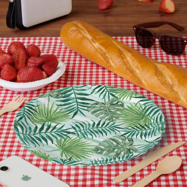 Retro Chic Tropical Green Palm Leaves Art Pattern Paper Plate (Picnic)