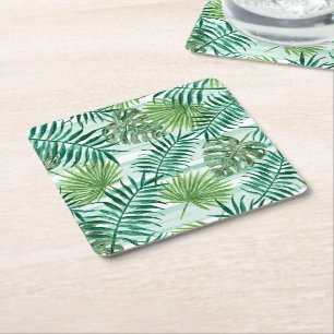 Retro Chic Tropical Green Palm Leaves Art Pattern Square Paper Coaster