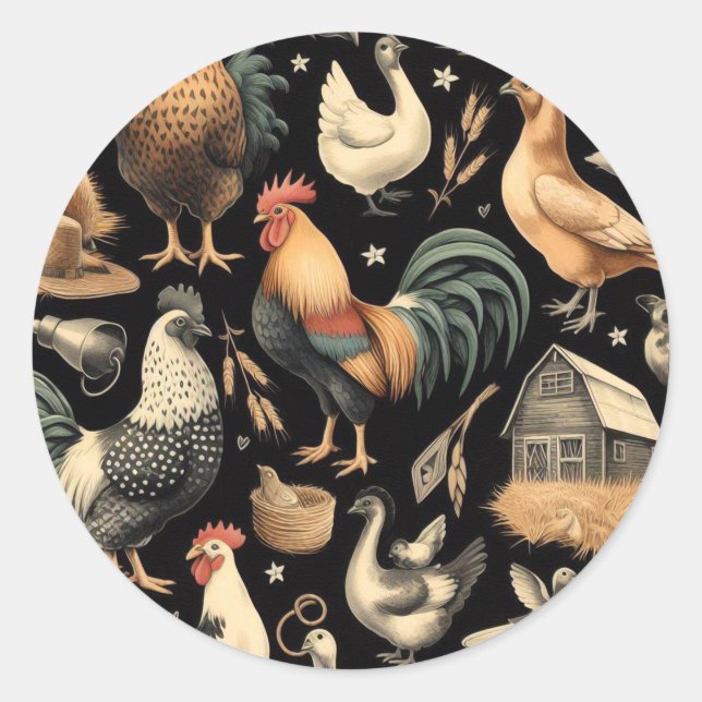 Retro Chicken Farm Pattern Classic Round Sticker (Front)