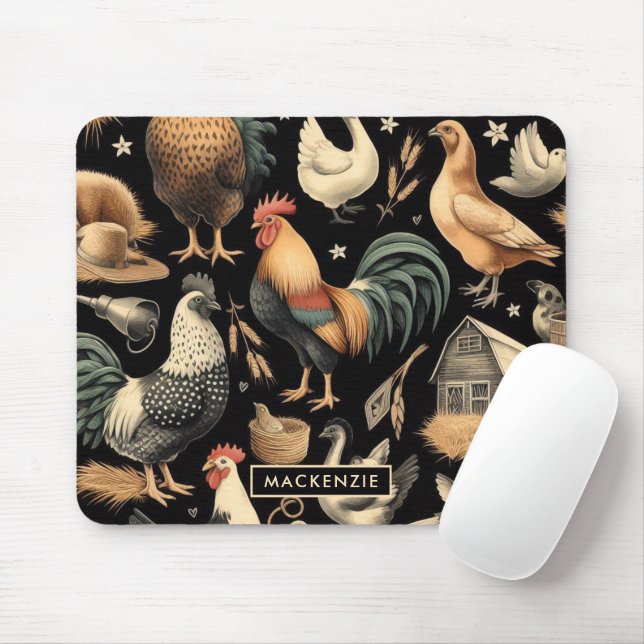 Retro Chicken Farm Pattern Mouse Mat (With Mouse)