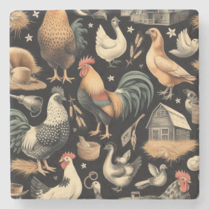 Retro Chicken Farm Pattern Stone Coaster