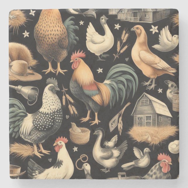 Retro Chicken Farm Pattern Stone Coaster (Front)