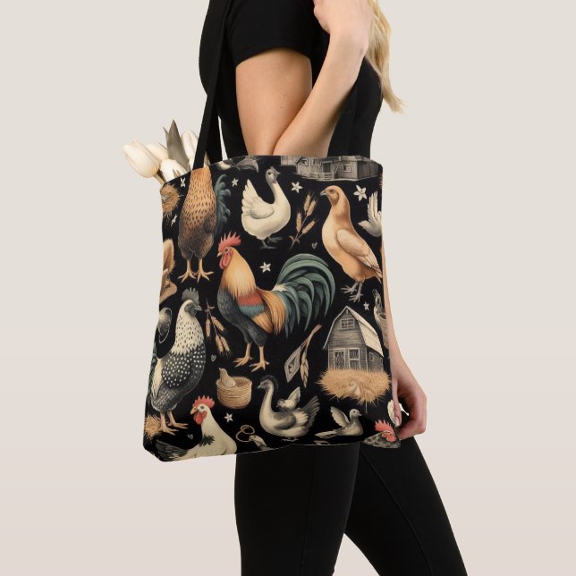 Retro Chicken Farm Pattern Tote Bag (Close Up)