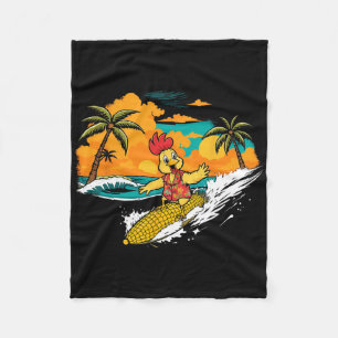 Retro Chicken Surfing Corn Tropical Hawaiian Art F Fleece Blanket