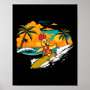 Retro Chicken Surfing Corn Tropical Hawaiian Art F Poster