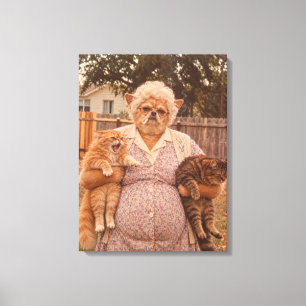 Retro Chihuahua Granny Holding Two Angry Cats Canvas Print