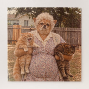 Retro Chihuahua Granny Holding Two Angry Cats Jigsaw Puzzle