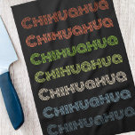 Retro Chihuahua Pattern Tea Towel<br><div class="desc">Add a touch of personality to your kitchen with this Retro Chihuahua Pattern Kitchen T towel! This unique kitchen essential features a bold, black background with a vibrant, multi-coloured "Chihuahua" text pattern, making it a fun and eye-catching addition to any kitchen. Perfect for Chihuahua lovers and anyone who appreciates a...</div>