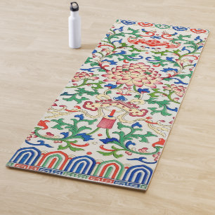 Retro China Lotus Botanical on White Chinoiserie  Yoga Mat