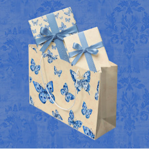 Retro Chinoiserie Blue Butterflies Blush Ivory  Large Gift Bag