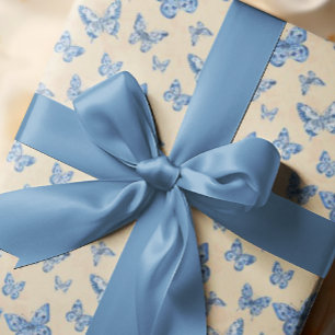 Retro Chinoiserie Blue Butterflies Blush Ivory  Wrapping Paper
