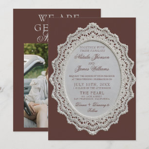 Retro Chocolate Brown Lace Doily Old Money Wedding Invitation