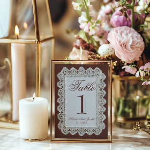 Retro Chocolate Brown Lace Wedding Table Number