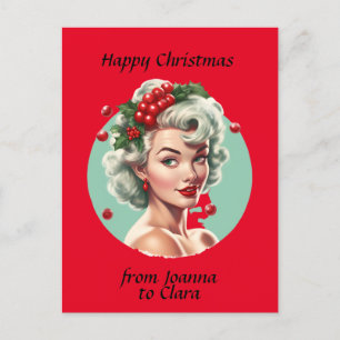Retro Christmas 1950s pin-up girl - holly berries Postcard