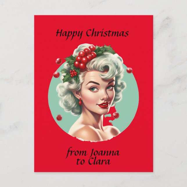 Retro Christmas 1950s pin-up girl - holly berries Postcard (Front)