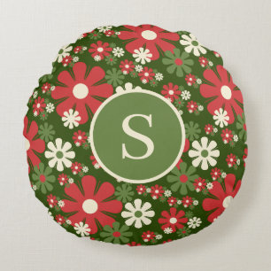 Retro Christmas 60s 70s Floral Pattern Initial Round Cushion