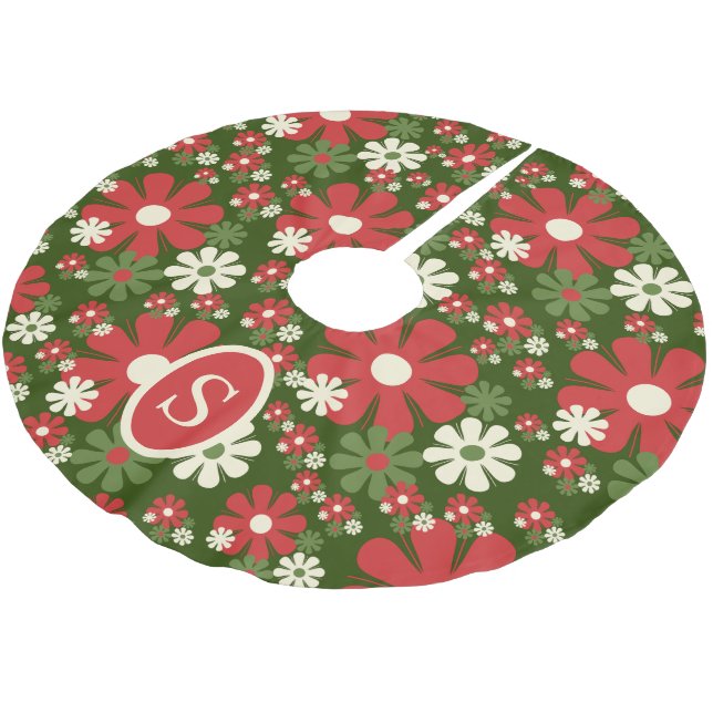 Retro Christmas 60s 70s Floral with Initial Brushed Polyester Tree Skirt (Angled)
