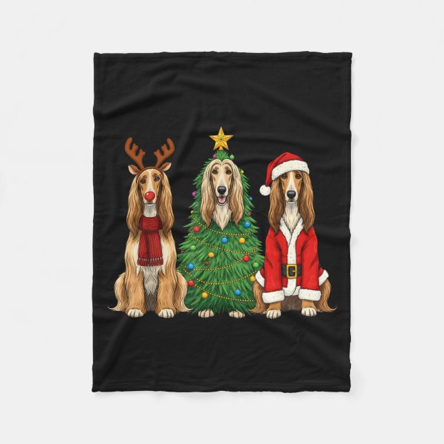 Retro Christmas Afghan Hound Santa Reindeer Dog Lo Fleece Blanket (Front)