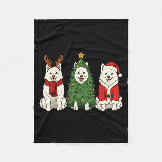 Retro Christmas American Eskimo Dog Santa Reindeer Fleece Blanket (Front)