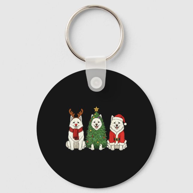 Retro Christmas American Eskimo Dog Santa Reindeer Key Ring (Front)