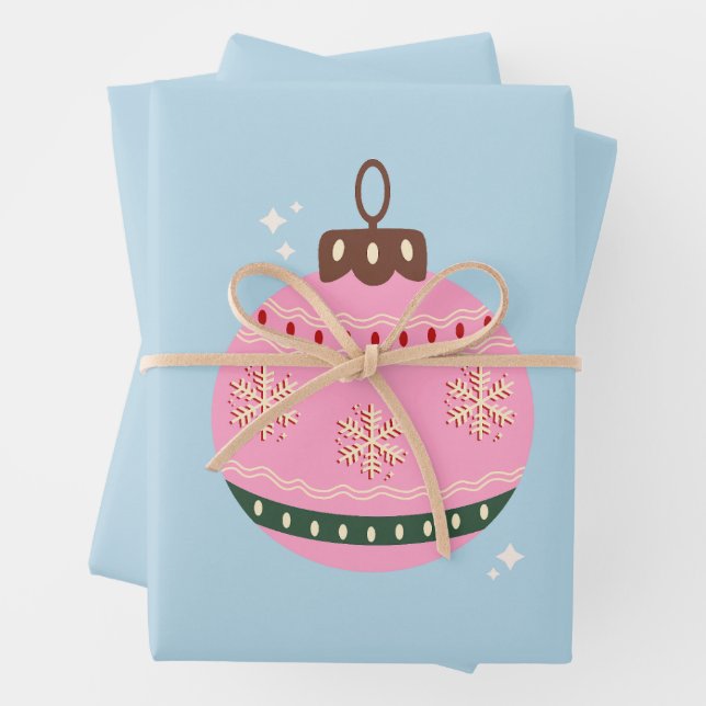 Retro Christmas Bauble Pink Blue Preppy Holiday Wrapping Paper Sheet (In situ)