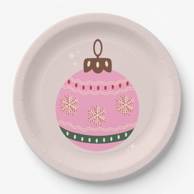 Retro Christmas Bauble Pink Holiday Paper Plate (Front)