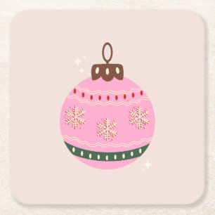Retro Christmas Bauble Pink Holiday Square Paper Coaster