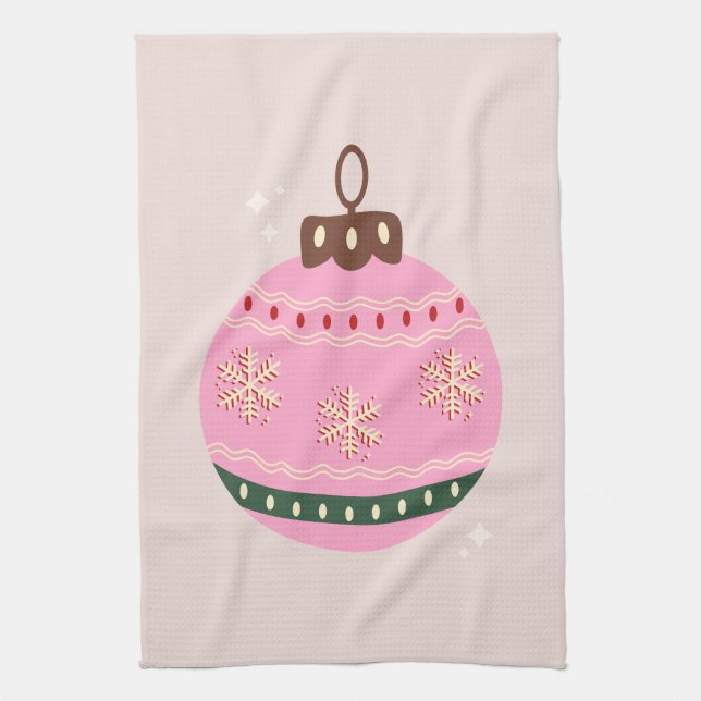 Retro Christmas Bauble Pink Holiday Tea Towel (Vertical)