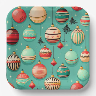 Retro Christmas Baubles Large Paper Plate