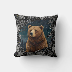 Retro Christmas bear midnight snowy landscape Cushion