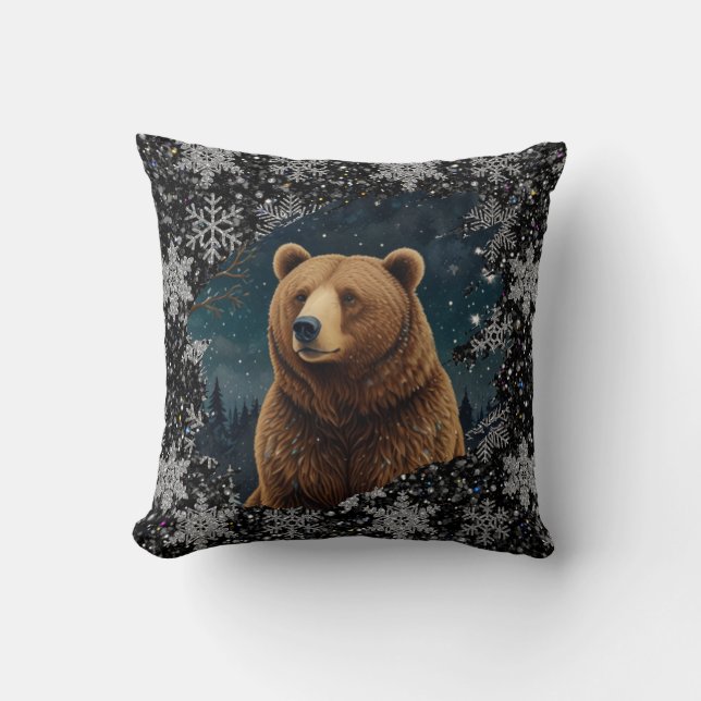 Retro Christmas bear midnight snowy landscape Cushion (Front)