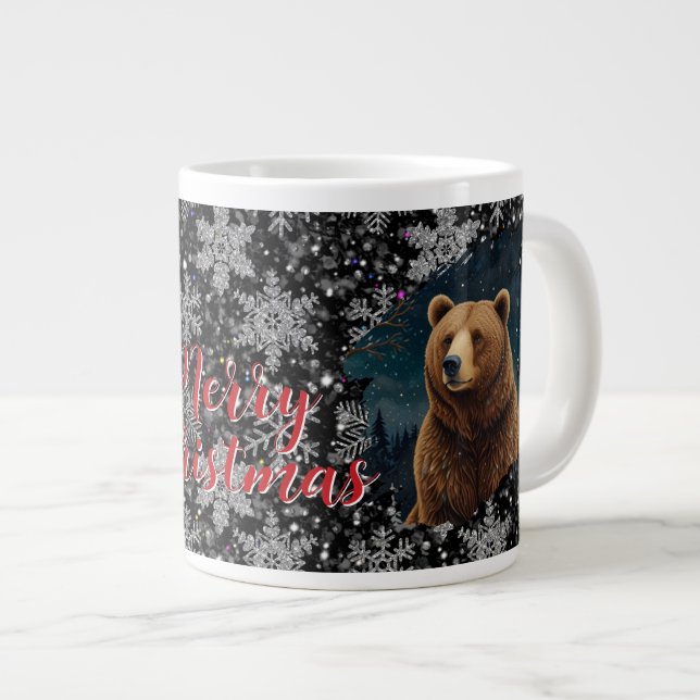 Retro Christmas bear midnight snowy landscape Large Coffee Mug (Front Right)