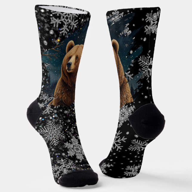 Retro Christmas bear midnight snowy landscape Socks (Angled)
