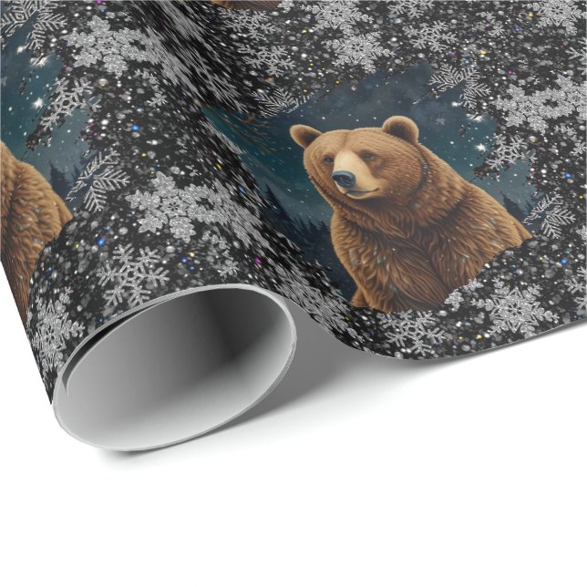 Retro Christmas bear midnight snowy landscape Wrapping Paper (Roll Corner)