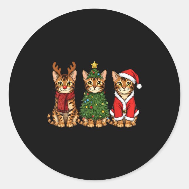 Retro Christmas Bengal Cat Santa Reindeer  Classic Round Sticker (Front)