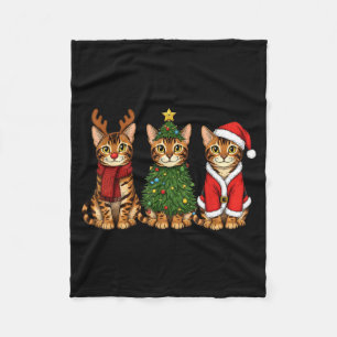 Retro Christmas Bengal Cat Santa Reindeer Fleece Blanket