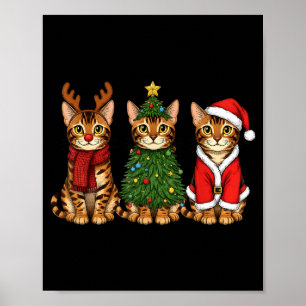 Retro Christmas Bengal Cat Santa Reindeer  Poster