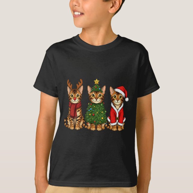 Retro Christmas Bengal Cat Santa Reindeer  T-Shirt (Front)